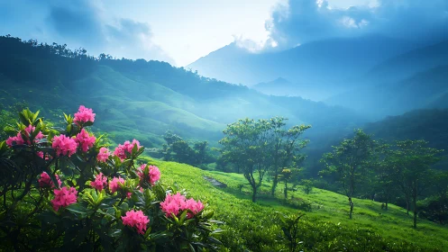 Morning mist and pink blossoms over rolling green hills.