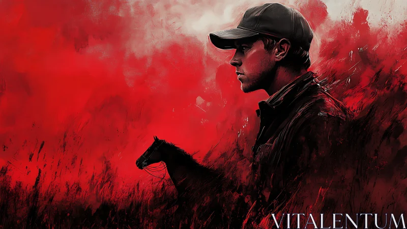 Digital portrait of pensive rider against abstract red field
