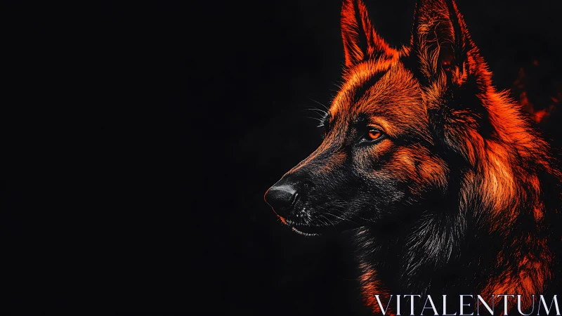 High-contrast fiery-lit canine profile on deep black ground