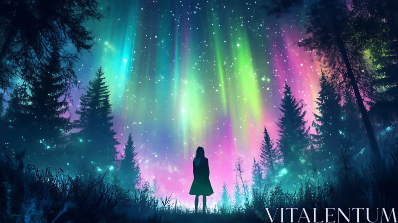 Digital painting of aurora-lit forest with solitary silhouette.