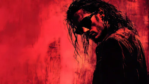 Brooding man in sunglasses stands against textured red void