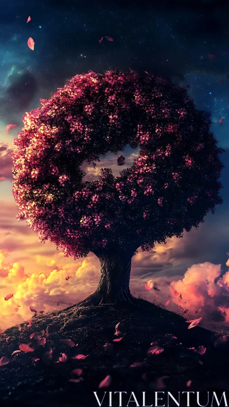 Circular flowering tree forms ring-shaped canopy at sunset