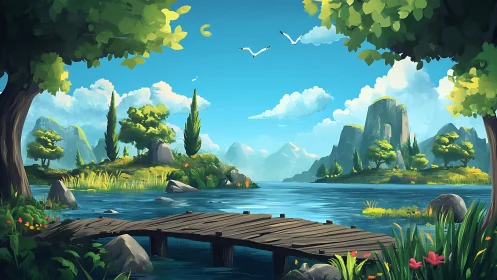 Sunlit wooden bridge drifts into a dreamy cobalt lakescape