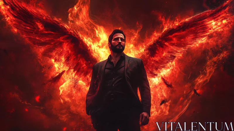 Infernal winged figure in pyroclastic digital chiaroscuro.