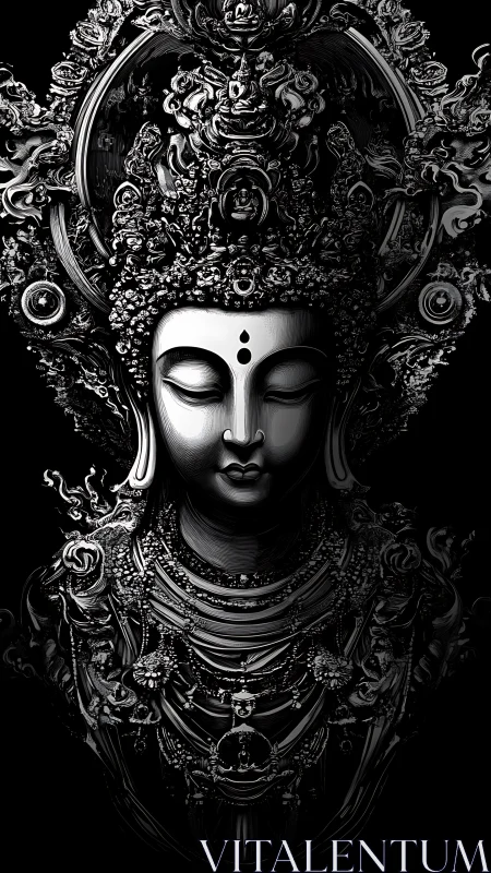 Monochrome baroque deity bust with ornate filigree headdress