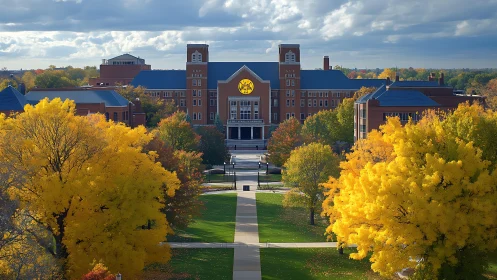 University campus glows with autumn trees and grand hall.