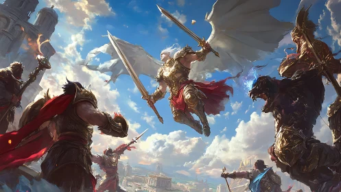 Winged paladin leading high-altitude siege against armored beasts