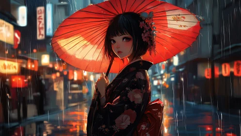 Girl under red umbrella walks through neon city rain