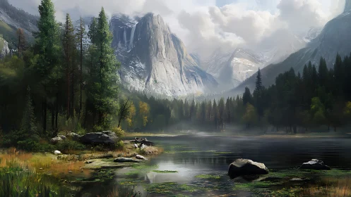 Digital landscape tableau with alpine lake and conifer forest.