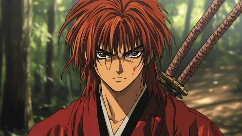 Anime swordsman stands in forest environment with dual blades