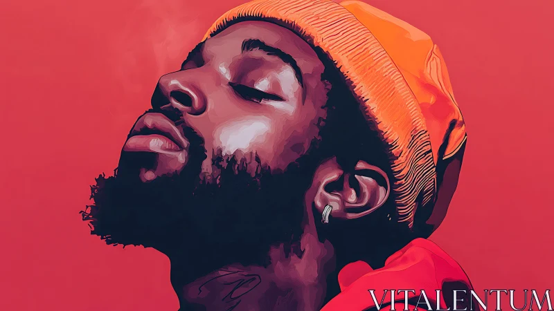 Profile portrait of man in orange beanie on red background.