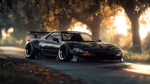 Lowered black sports car on rural road at sunset.