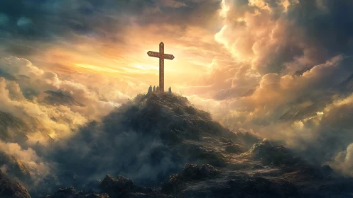 Cross structure stands on rocky summit amid dense cloud field