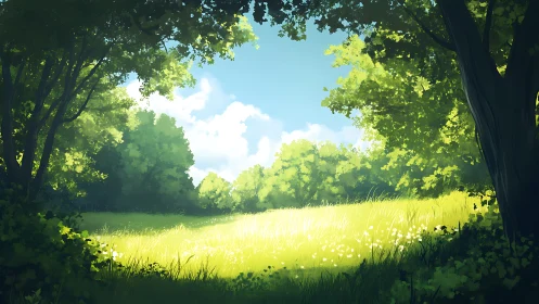 Sunlit forest clearing opens beneath vivid summer sky