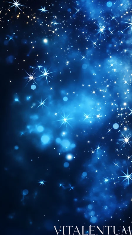 Starlit blue nebula drift with glittering cosmic fireflies.