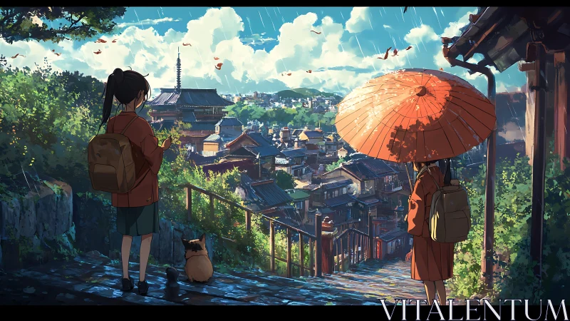 Rain-washed hillside street overlooking traditional Japanese town