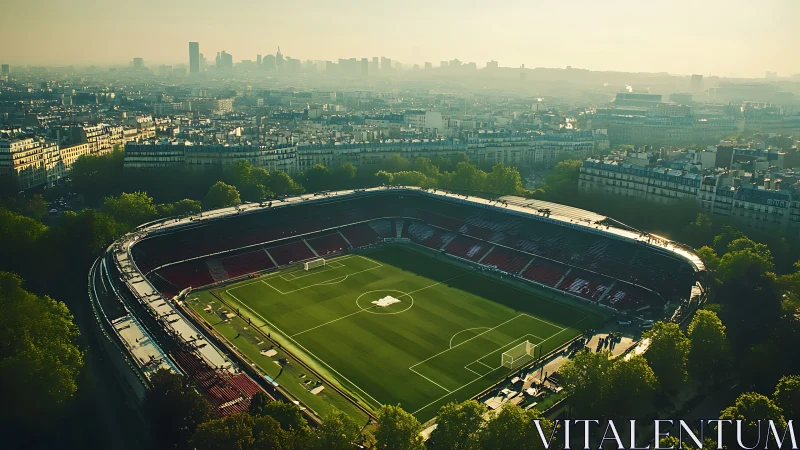 Football stadium sits within dense urban landscape at dusk