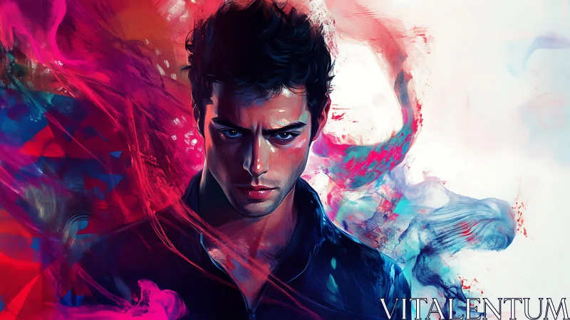 Moody young man wrapped in bold swirling neon colors.