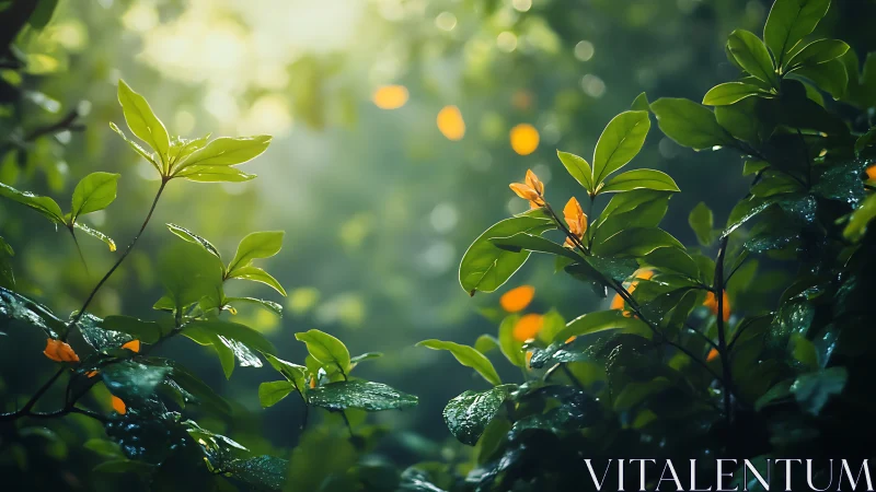 Sunlit wet leaves catch morning light in dense garden