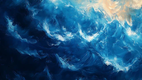 Abstract blue ocean surface with swirling light strokes.