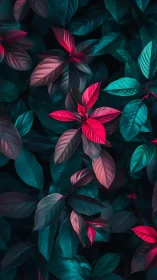 Red-toned foliage among teal leaves in close, vertical view.