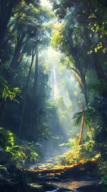 Sunlit rainforest gorge with canopy light beams.