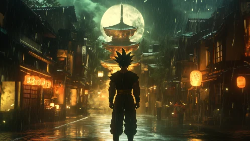 Neon rain crowns a lone warrior beneath the temple moon