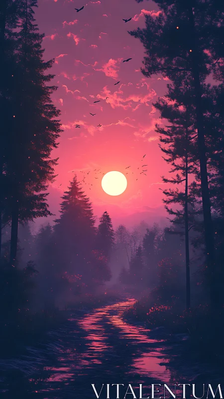 Iridescent magenta sunset over reflective forest stream corridor