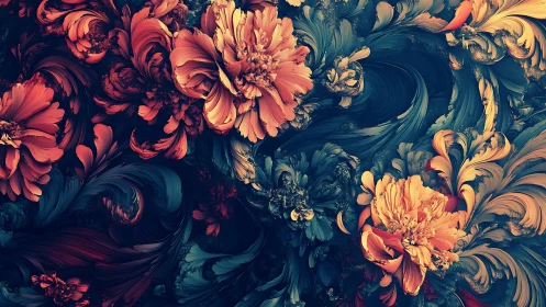 Floral fractal blooms swirl in rich teal and ember light