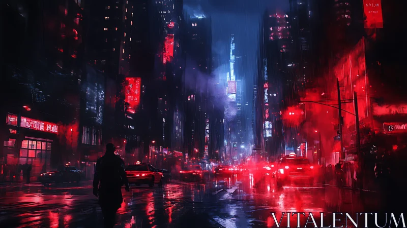 Rain-soaked cyberpunk avenue renders neon depth and volumetric haze