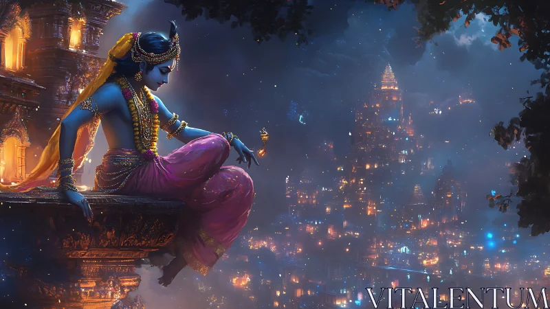 Midnight-blue deity drifts above a lantern-drowned mythic city