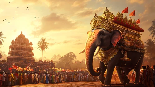 Regal temple elephant leads golden chariot procession at dusk