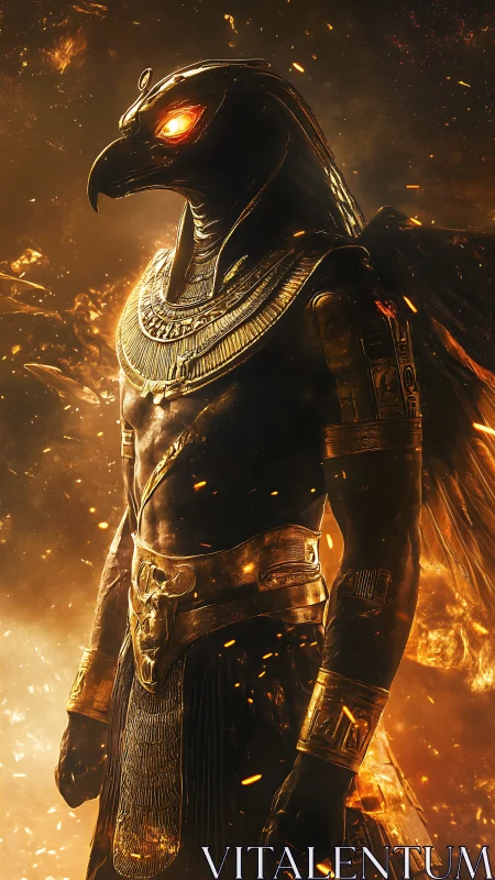 Falcon-headed armored figure amid glowing ember field.