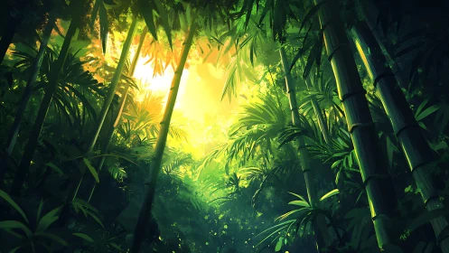 Sunlit bamboo jungle glows with lush, dreamlike stillness