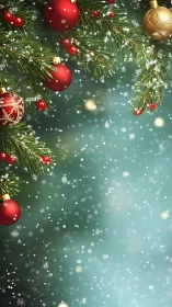 Christmas tree branches with baubles over snowy background.