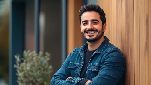 Sunlit urban smile leaning easy against warm wood walls.