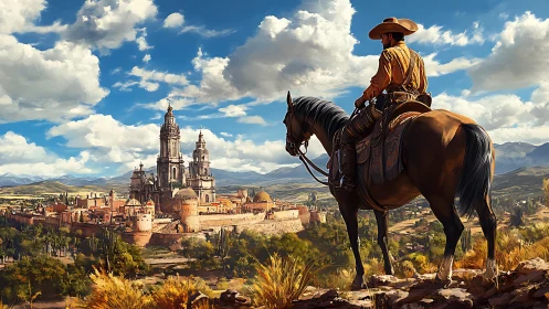 Cowboy on horseback overlooks sunlit Spanish-style cityscape.