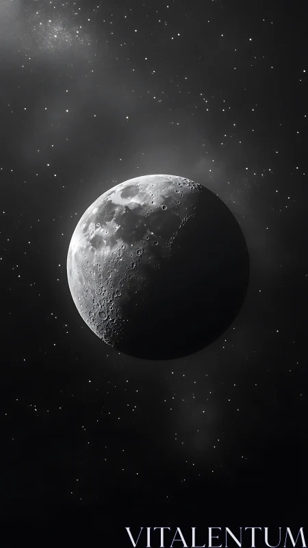 Crescent moon close-up against dense star field in space.