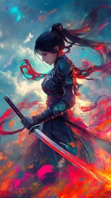 Flame-lit samurai warrior amid swirling neon stormscape.
