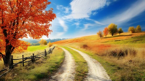 Autumn country dirt road with vibrant foliage under blue sky