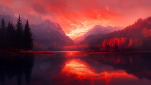 Glowing mountain lake wrapped in soft red twilight calm.