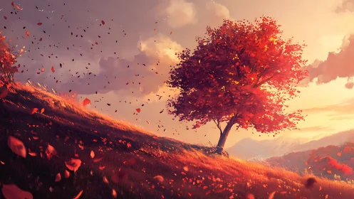 Solitary crimson tree bending in a windswept autumn glow.