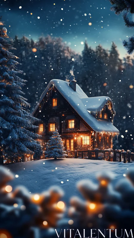 Snowy forest cabin glowing with winter evening magic.