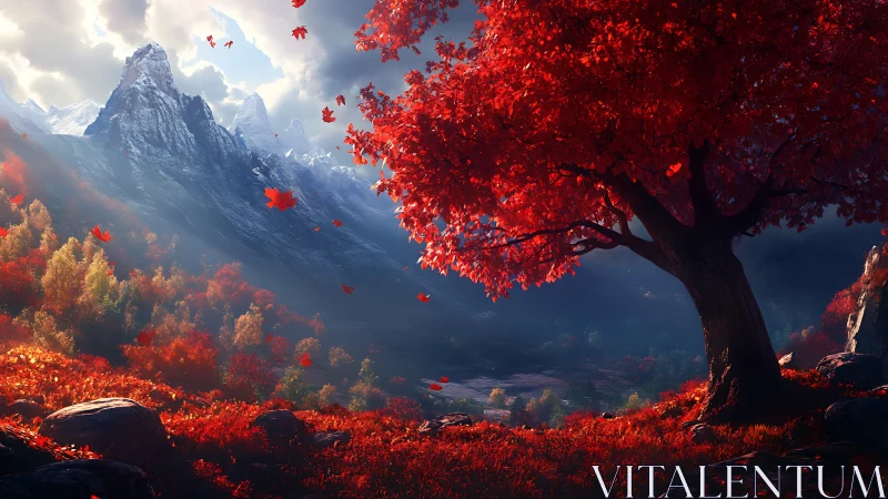 Scarlet maple crowns sunlit valley beneath icy peaks.