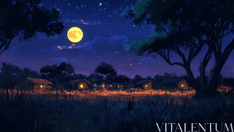 Moonlit rural village glows under deep cobalt night sky.