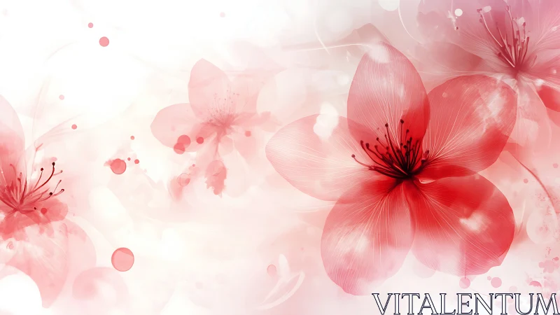 Ethereal Red Flowers Floating in Soft Pink Abstract.