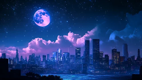 Night urban skyline under large moon and star field.