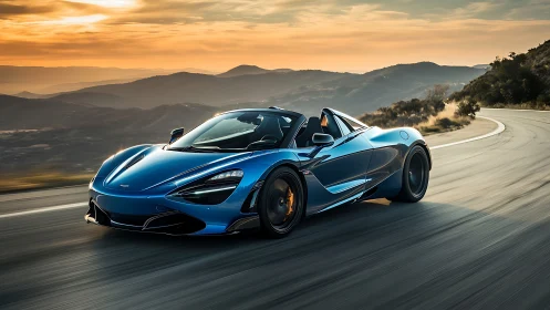Aerodynamic blue supercar cornering mountain highway at dusk.
