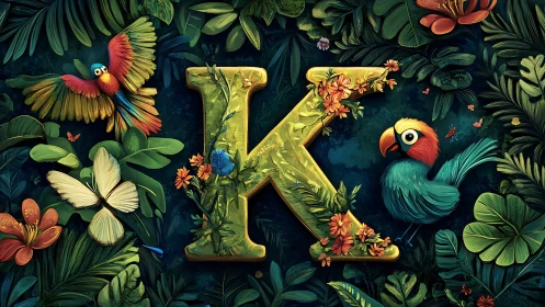 Letter K formed in tropical foliage with parrots and insects
