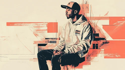 Urban portrait with abstract coral glitch geometry backdrop.